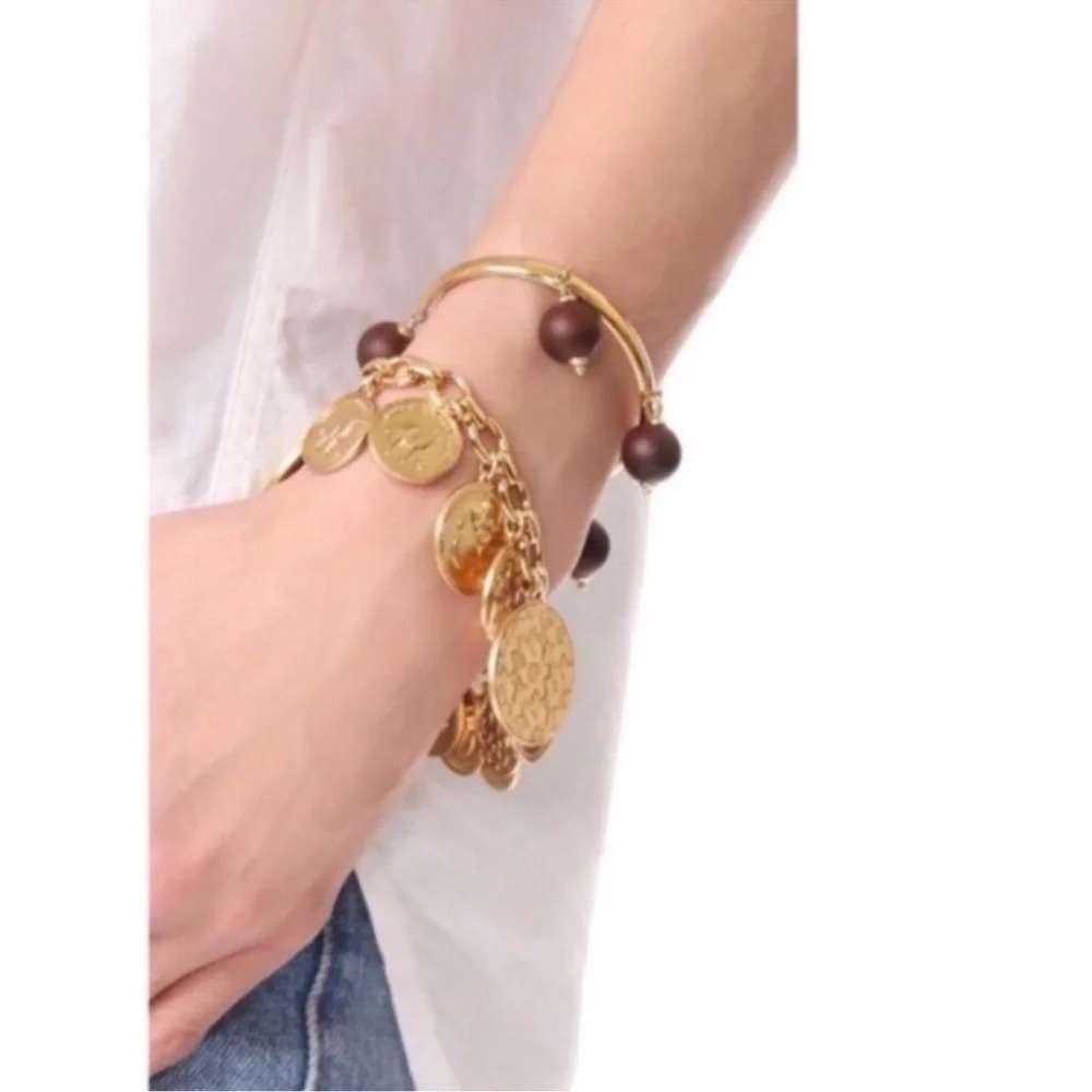 KATE SPADE Set of 2 Gold Cuffs with Wood Beads Second Nature Bracelet - Picture 11 of 12